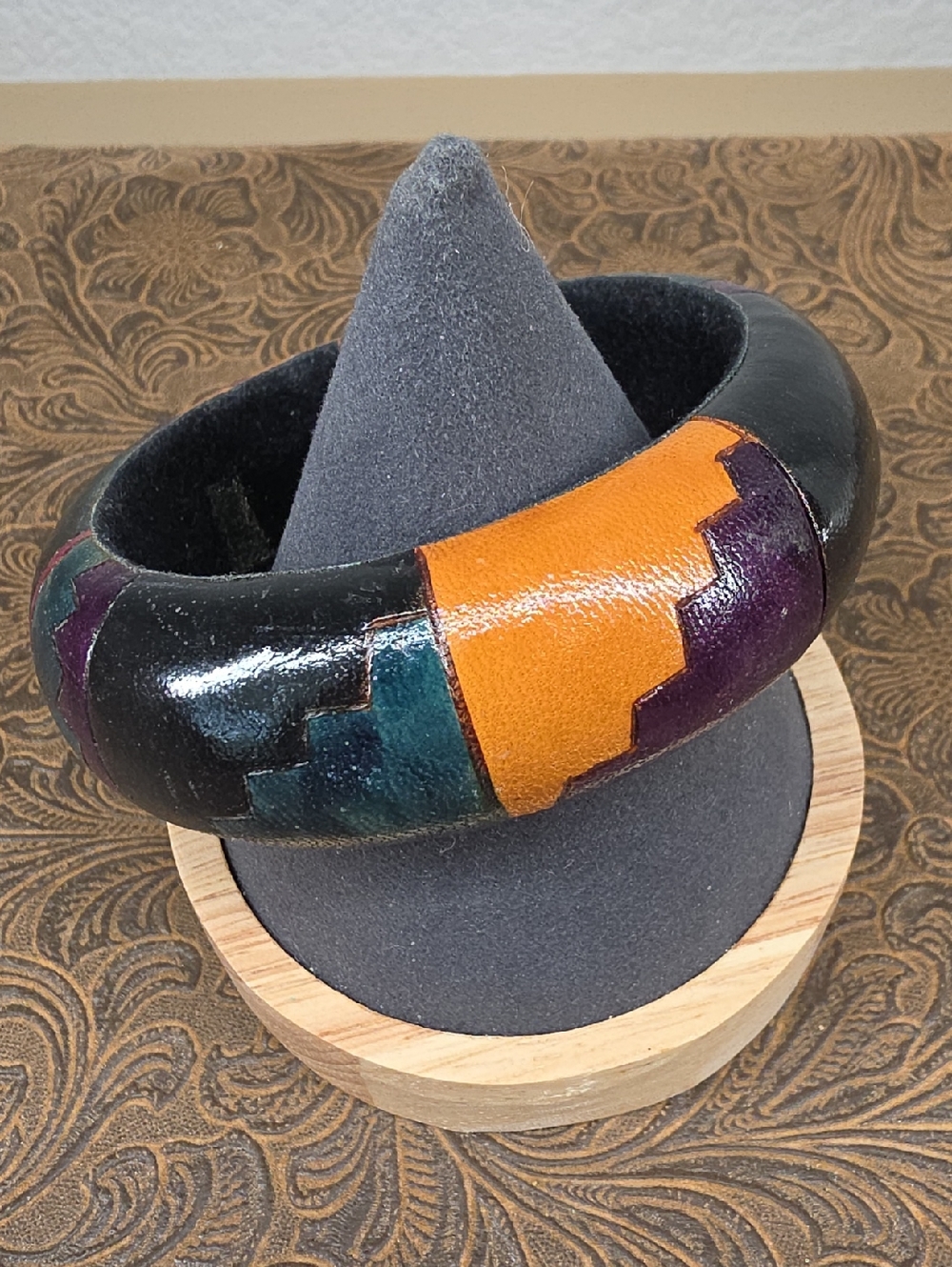 Vintage Multi-color Textured Color Block Wearable Art Bangle Bracelet